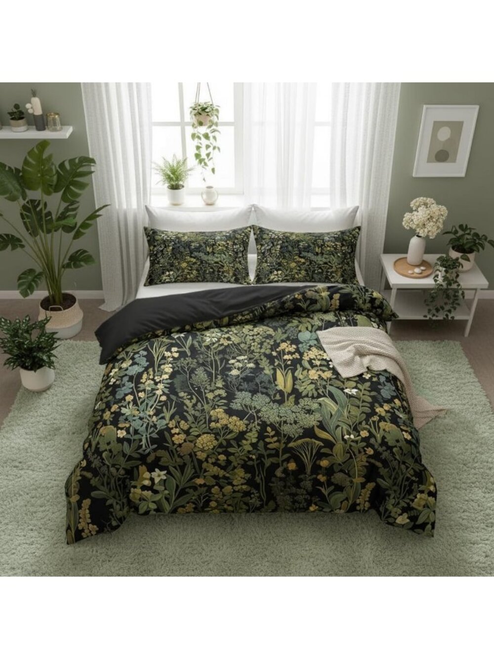 King Size Retro Botanical Duvet Cover Set - Dark Green Leaves, 3-Piece Bedding